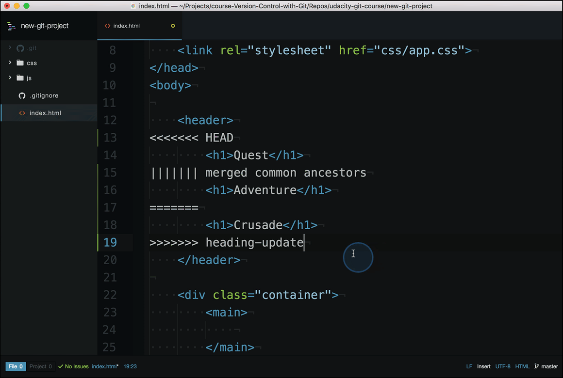 _Code editor where showing the merge conflict indicators being removed and the page heading being updated._